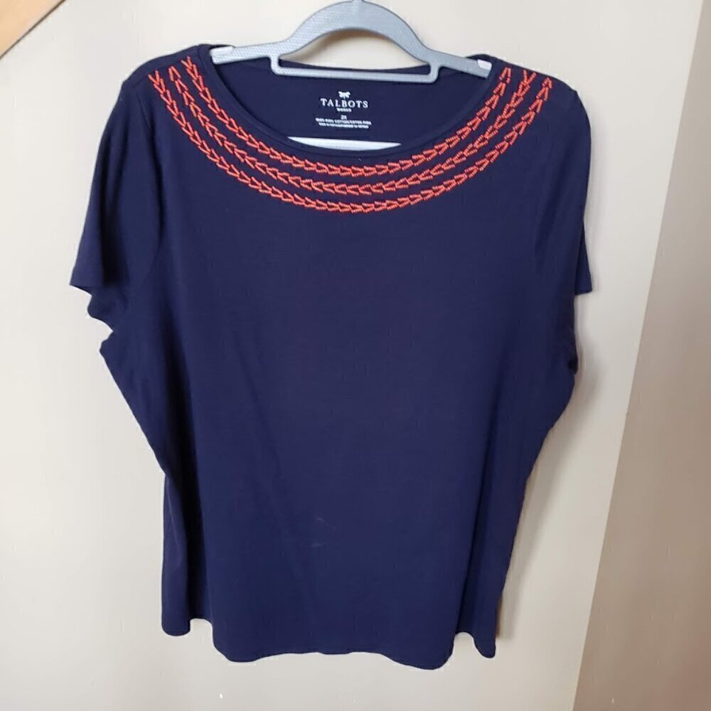 Talbots Beaded Crew Neck Navy Plus Sized Tee Size 2X